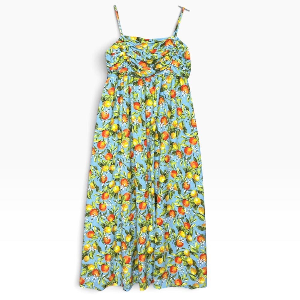 Free Assembly Maxi Dress Women L Blue Citrus Fruit Linen Blend Ruched Sundress